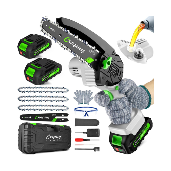 Mini Chainsaw Cordless, 6-Inch Electric Portable Chainsaw with Auto Oiler & Security Lock – 2 Batteries & 3 Chains, Handheld Tree Trimmer for Wood Cutting & Branch Pruning (2025)