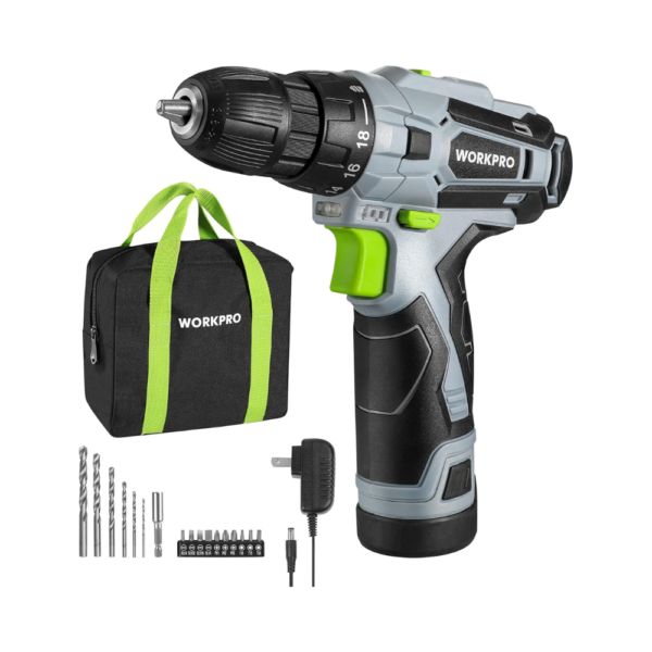 WORKPRO Cordless Drill Driver Kit, 12V Electric Screwdriver with 3/8" Keyless Chuck, 18+1 Clutch, 2-Speed, Charger & Storage Bag – Lightweight Power Tool for Home Projects & DIY