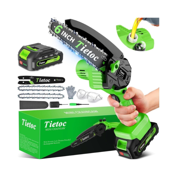 Tietoc 6-Inch Mini Electric Chainsaw Cordless, Battery Powered Handheld Saw for Tree Trimming, Wood Cutting, Auto Oiler, Lightweight Tool for Garden, Yard & Household Use – Gift for Dad, Husband, Gardener (2025)