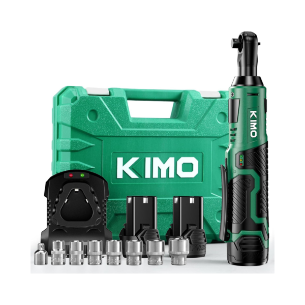 KIMO 12V Cordless Electric Ratchet Wrench Set, 3/8” Power Wrench with 40 Ft-lbs Torque, 400 RPM, 2×2000mAh Batteries, 7 Sockets, Fast Charger, Variable Speed & Recessed Head – Tool Kit with Case