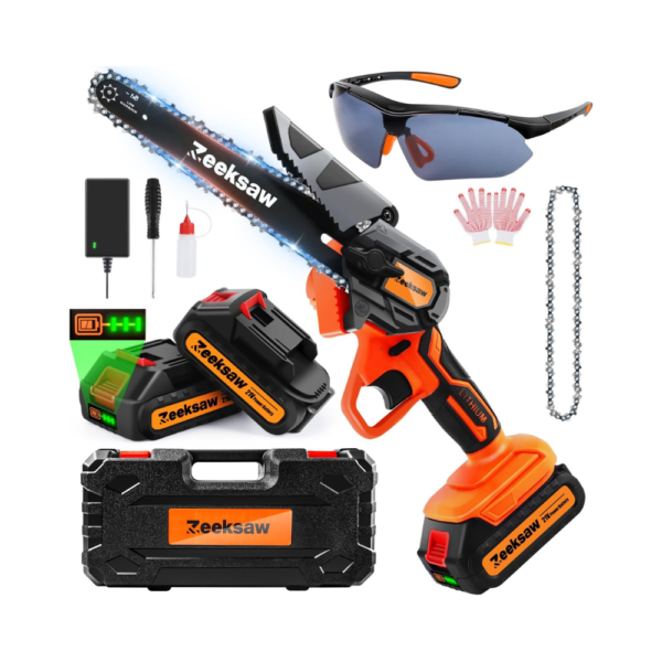 Mini Chainsaw 6 Inch Cordless – Zeeksaw Handheld Electric Chainsaw with 2×21V Batteries, High-Speed Chain, Safety Lock, and Carrying Case – Lightweight One-Hand Saw for Wood, Tree & Garden Cutting