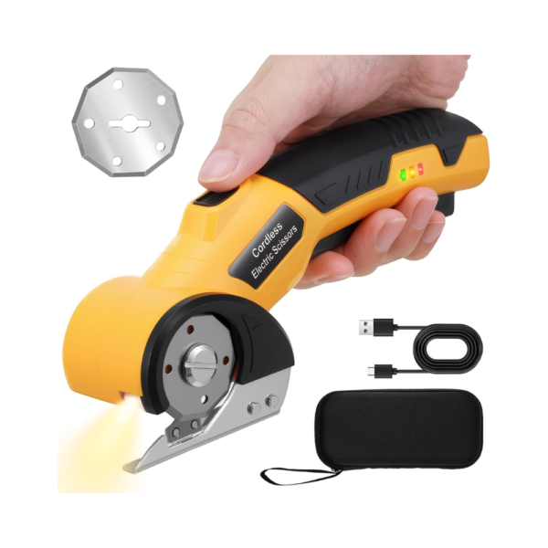 Cordless Electric Scissors, 4V Rechargeable Box Cutter & Fabric Scissor with Safety Lock & LED Light – Rotary Cutter for Cardboard, Carpet, Plastic, Leather, and DIY Projects