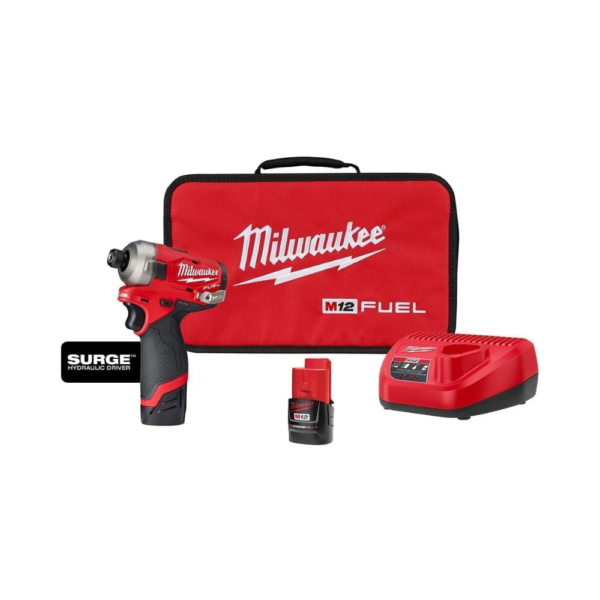 Milwaukee M12 FUEL SURGE 1/4" Hex Hydraulic Driver Kit – Includes 2 Batteries, Charger & Bag – Quiet, Compact & Durable Impact Driver for Precision Work