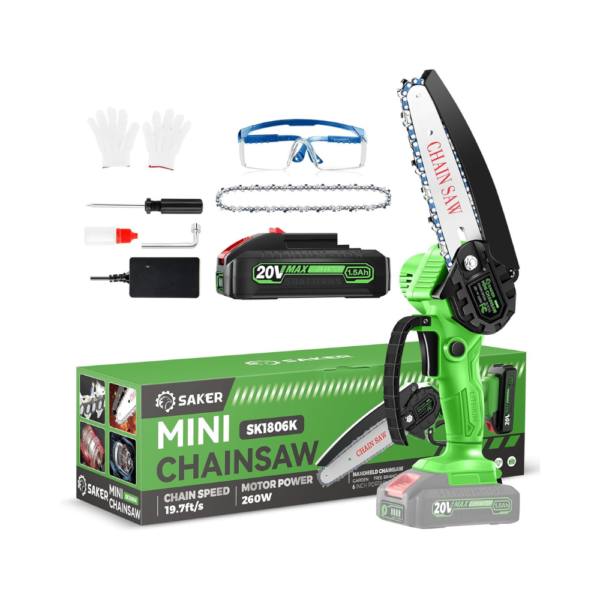 Saker Mini Chainsaw | 6 Inch 2025 Upgraded Cordless Electric Chainsaw | Lightweight Handheld Battery-Powered Chain Saw for Tree Trimming, Wood Cutting & Garden Work – Great Gift for Men, Dad, Women