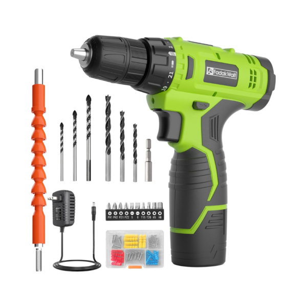 FADAKWALT 12V Cordless Drill Set with Battery & Charger – 3/8" Keyless Chuck, 21+1 Torque Settings, LED Light, 180 in-lbs Power Drill Driver Kit (Green)