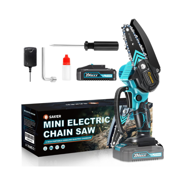 Saker Mini Chainsaw – 4-Inch Cordless Electric Chainsaw with Battery & Charger, Lightweight Handheld Pruning Saw for Tree Trimming, Yard & Garden Use – Gift for Men, Dad, Women, DIYers