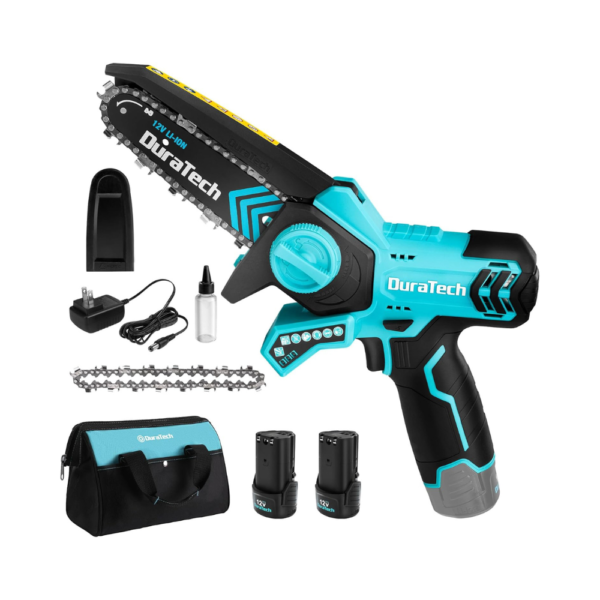 DURATECH 12V Mini Chainsaw, 6-Inch Cordless Electric Chainsaw with 2 Batteries & 2 Chains, One-Hand Operated Handheld Saw for Tree Pruning and Wood Cutting