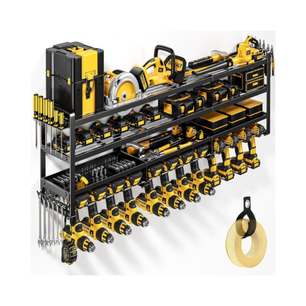49" Wide Heavy-Duty Power Tool Organizer Wall Mount – 600 lbs Load Capacity, 4-Tier Garage Storage Rack with 12 Drill Holders, Cordless Tool Battery Shelf & Utility Hooks