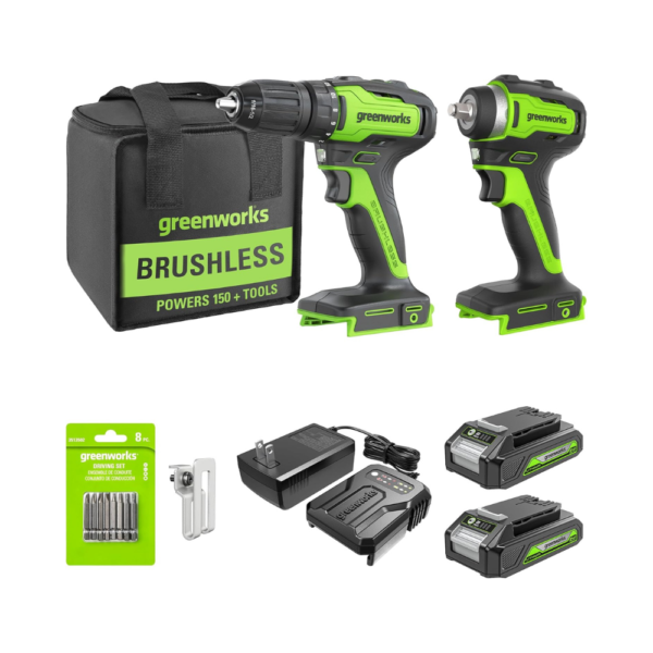 Greenworks 24V Brushless 2-Piece Cordless Power Tool Combo Kit, 3/8" 150 ft-lbs Impact Wrench & 310 in-lbs Drill/Driver, 2×2.0Ah Batteries & Charger Included