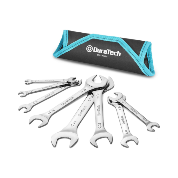 DURATECH Super-Thin Open End Wrench Set, Metric, 8-Piece Slim Spanner Set (5.5–27mm) with Rolling Pouch Dual-Size Wrenches for Tight Spaces, Car & Bike Maintenance
