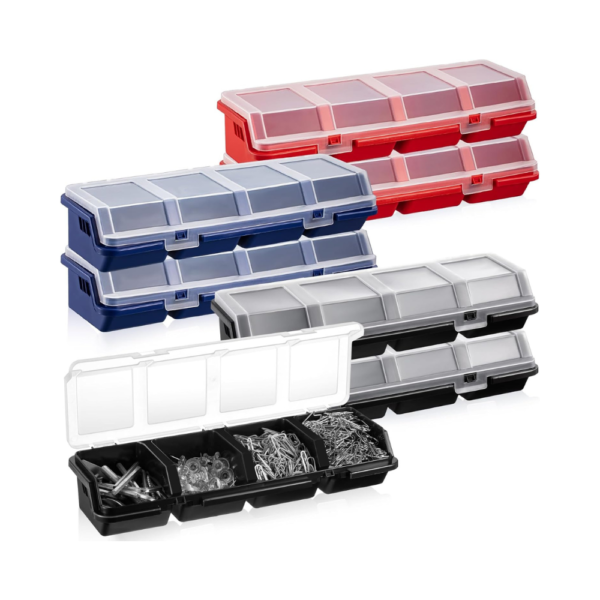 Hushee 6 Pack Screw Organizer Box with Lids 4-Compartment Storage Bins for Hardware, Small Parts, Screws, Beads, Bolts – Compact Tool Cases for Garage, Workshop, Craft Room (Blue, Red, Black)