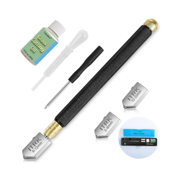 Upgraded Glass Cutter Tool (2mm-20mm) Precision Carbide Tip Glass Cutting Kit with Oil Feed, Alloy Handle & Extra Cutting Heads Ideal for Glass, Mirrors, Tiles & Mosaics