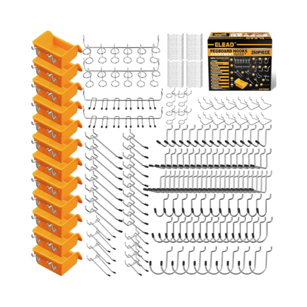 ELEAD 260-Piece Pegboard Hooks Set – Fits 1/8" & 1/4" Pegboards – Heavy Duty Garage Pegboard Organizer with Bins, Tool Holders, and Assorted Hooks for Workshop, Kitchen, Craft Room, Bathroom