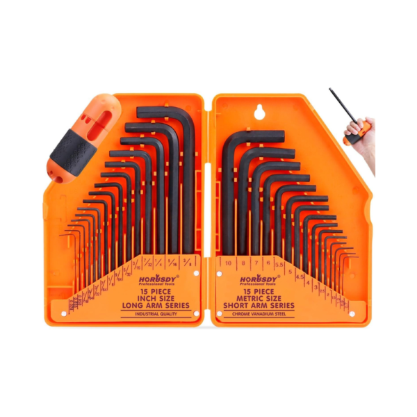 HORUSDY 32-Piece Hex Key Set with Torque Handle SAE & Metric (0.7mm–10mm / 0.028"–3/8") Allen Wrenches, Long & Short Arm Design
