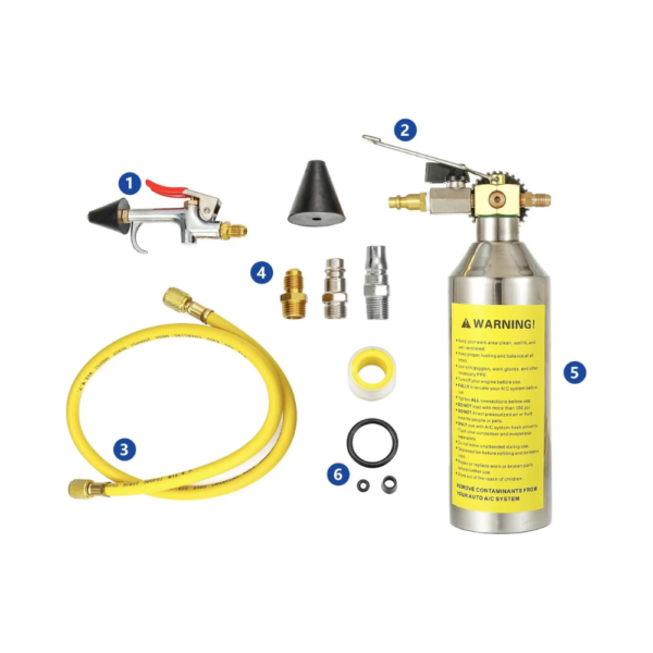 AC Flush Kit with 220 PSI Gauge – Automotive Air Conditioning System Cleaning Tool for R134A R12 R22 R404 R410A Includes Canister, Hose, Air Fittings & Nozzle (01)