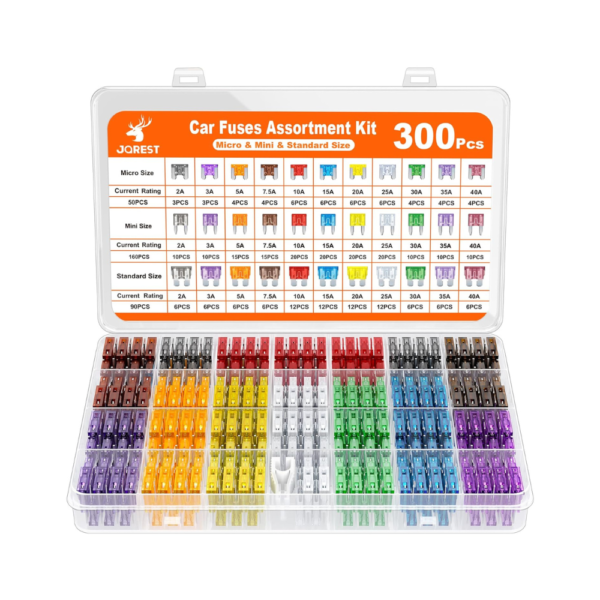 JOREST 300Pcs Car Fuse Assortment Kit160 Mini, 90 Standard, 50 Micro Blade Fuses + Puller, 2A–40A, for RV, Camper, Truck, Boat, SUV, UTV, Motorcycle