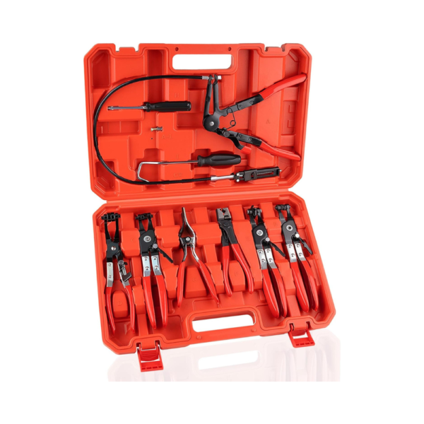 9PCS Hose Clamp Pliers Set – Long Reach Radiator Hose Removal Tool Kit for Automotive Water, Oil, Coolant Systems – Includes Flat Band, Swivel Jaw, Spring Clamp, Hose Hook, and Toolbox