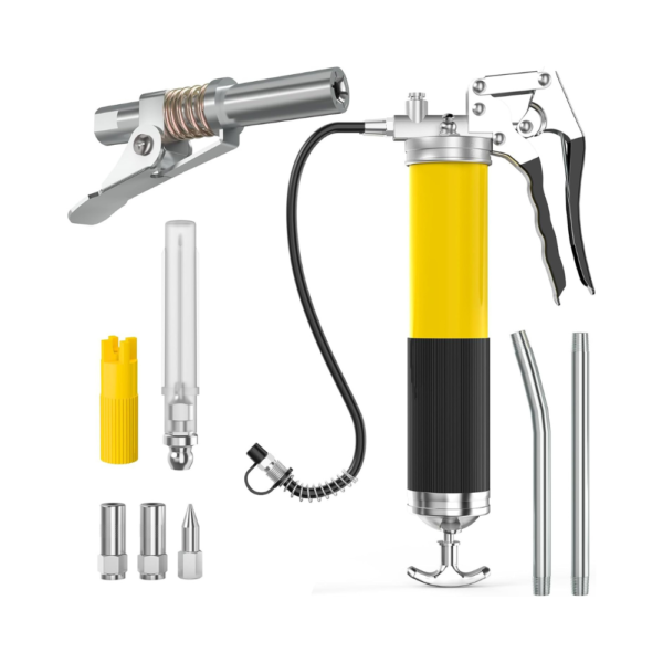 Heavy Duty Grease Gun Kit – 8000 PSI Pistol Grip with Needle Coupler, 14oz Capacity, 18" Flex Hose, Rigid Pipes, Nozzles, Couplers & Clean Cap – 3-Way Loading System