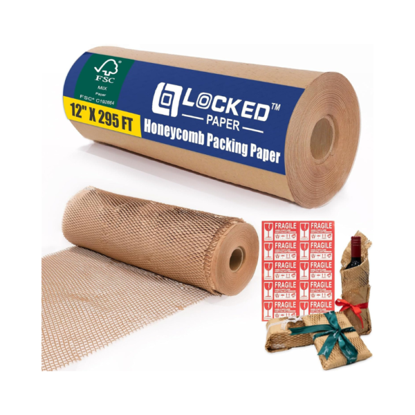 Honeycomb Packing Paper for Moving Breakables – 12" x 295 FT Eco-Friendly Cushioning Wrap Roll, Kraft Paper Packing Material for Shipping Dishes, Fragile Items & Small Business Packaging
