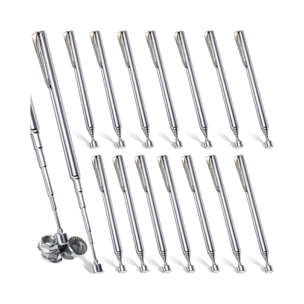 Patelai 16-Pack Telescoping Magnetic Pick-Up Tools with Pocket Clips 25" Extendable Magnet Grabbers for Mechanics, Electricians, Handymen, Auto Repair – Gift Set for Men (Silver)