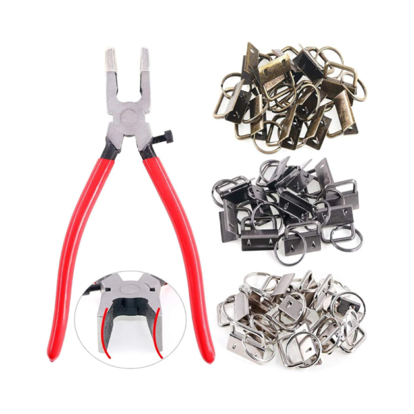 40Pcs Key Fob Hardware Kit with 1" Clamps & Pliers Wristlet Keychain Making Supplies for Faux Leather, Ribbon, Webbing Gunmetal, Bronze & Silver